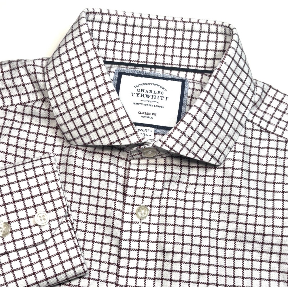 Charles Tyrwhitt Classic Fit Non-Iron Dress Shirt 15.5/34 Burgundy White Check